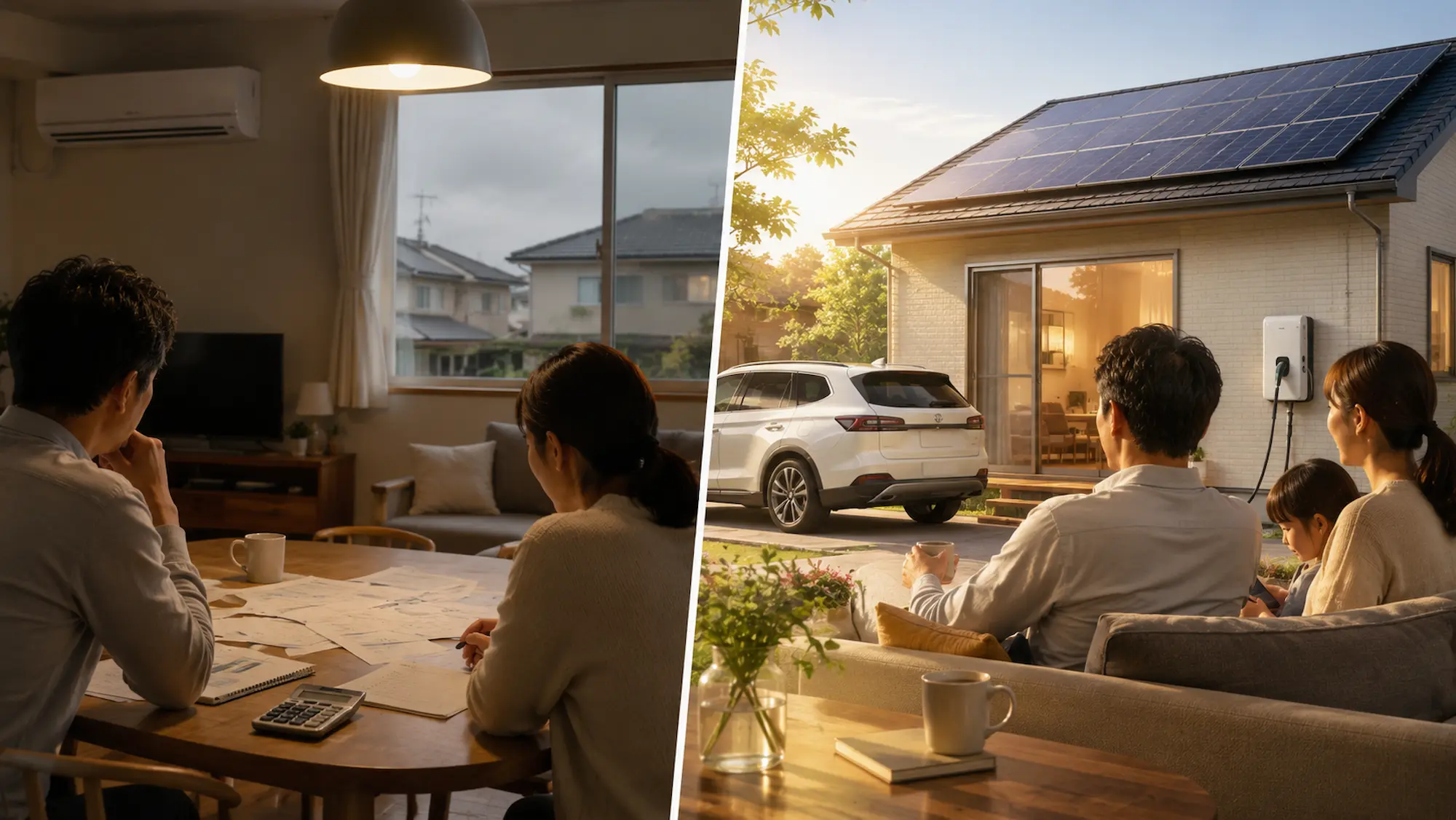 太陽光発電あり家庭のEV・V2H導入前後の変化を比較するイメージ