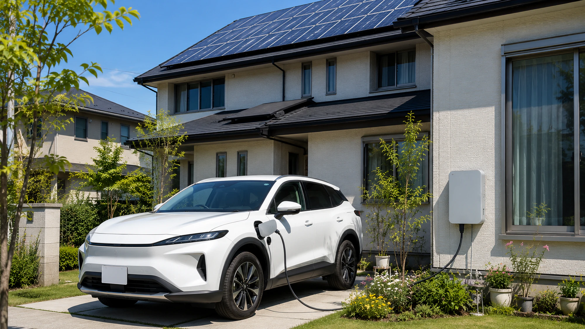 昼間の太陽光でEVに充電する戸建て駐車場