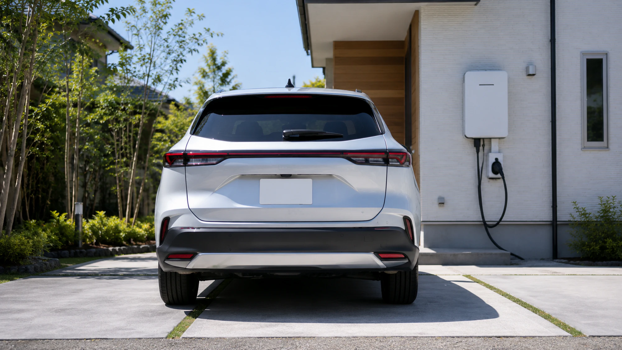 戸建て住宅の駐車スペースに停まる白い電動SUVの後ろ姿