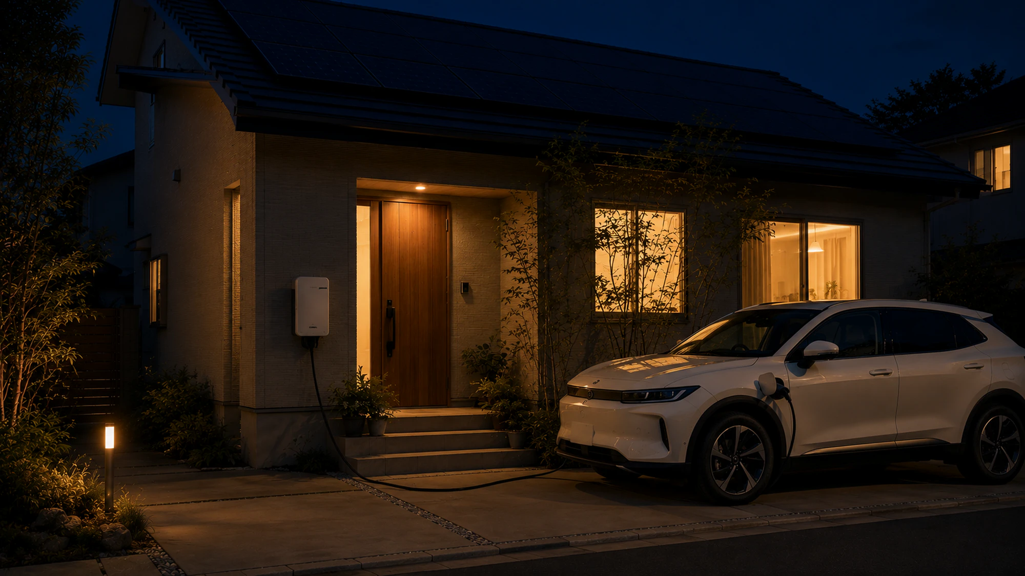 夜の戸建てでEVから家へ給電する安心感のある風景