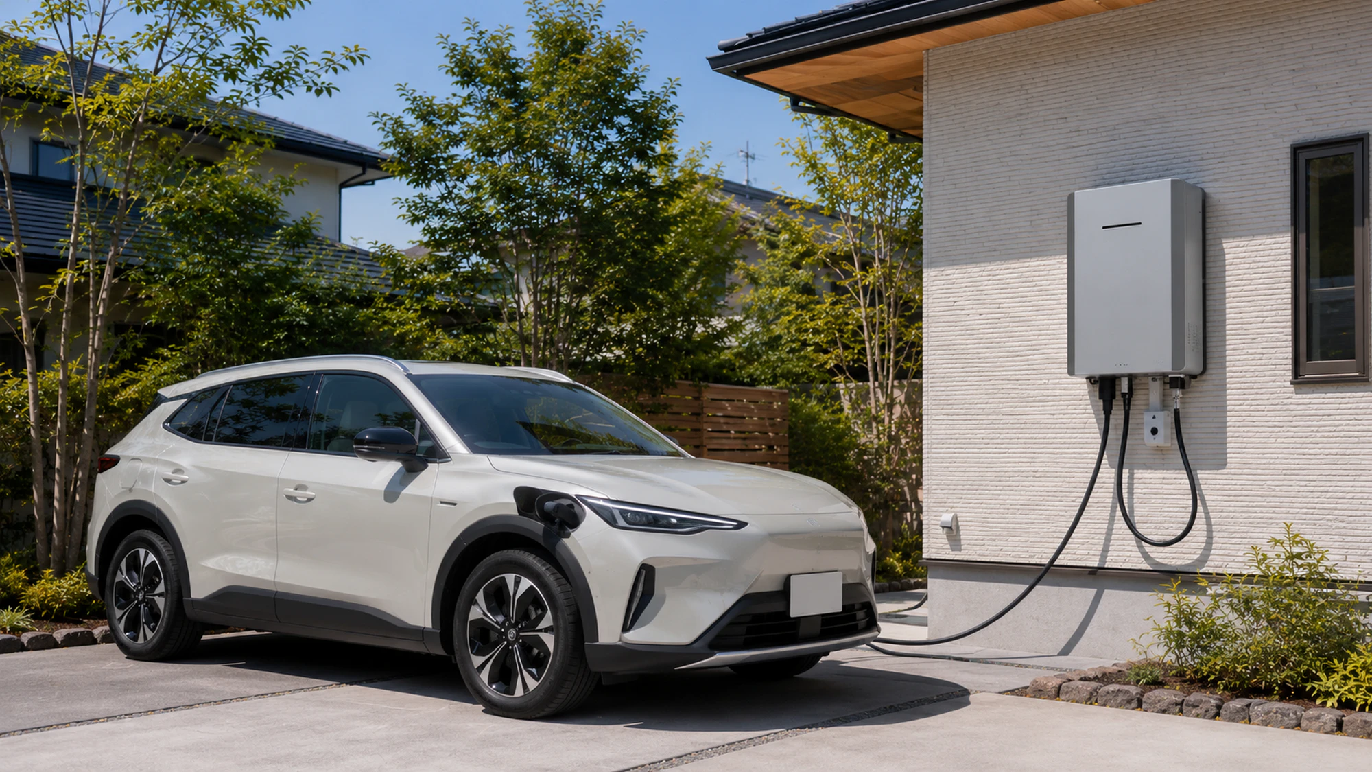 平日の昼間に自宅の駐車場に停まっている白い電動SUVと壁掛けV2H機器