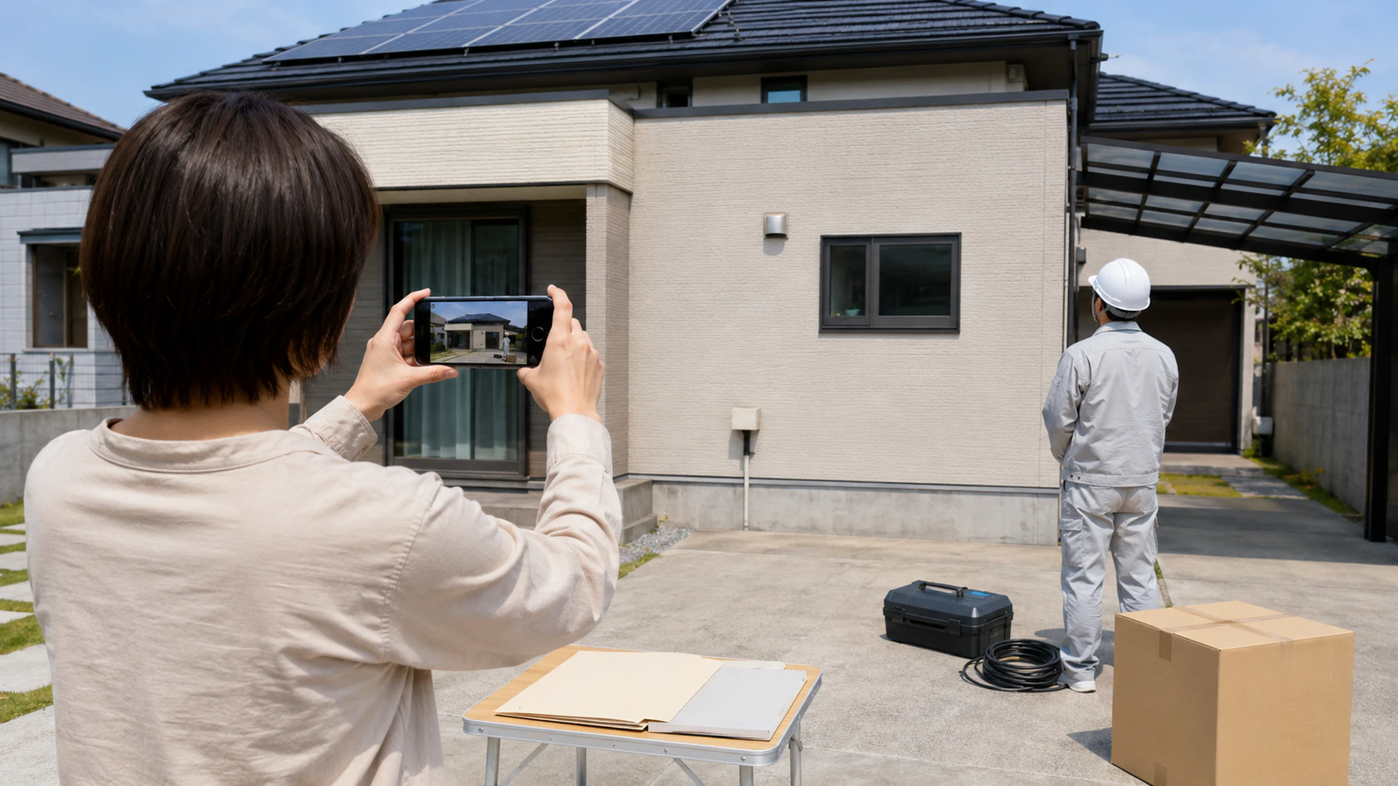 V2H補助金申請のため戸建ての駐車場と設置予定場所を撮影する様子