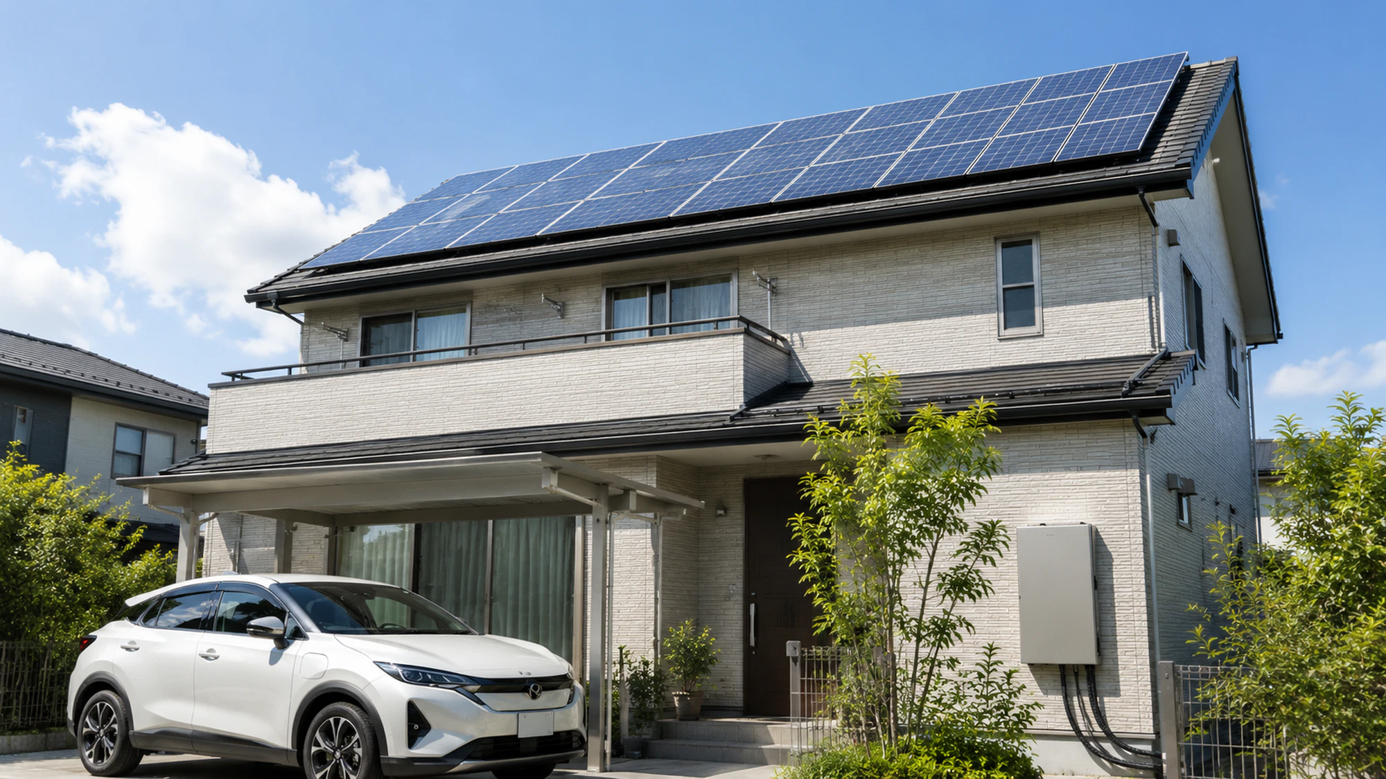 既設の太陽光発電とこれから連携するEV・V2Hのある戸建て