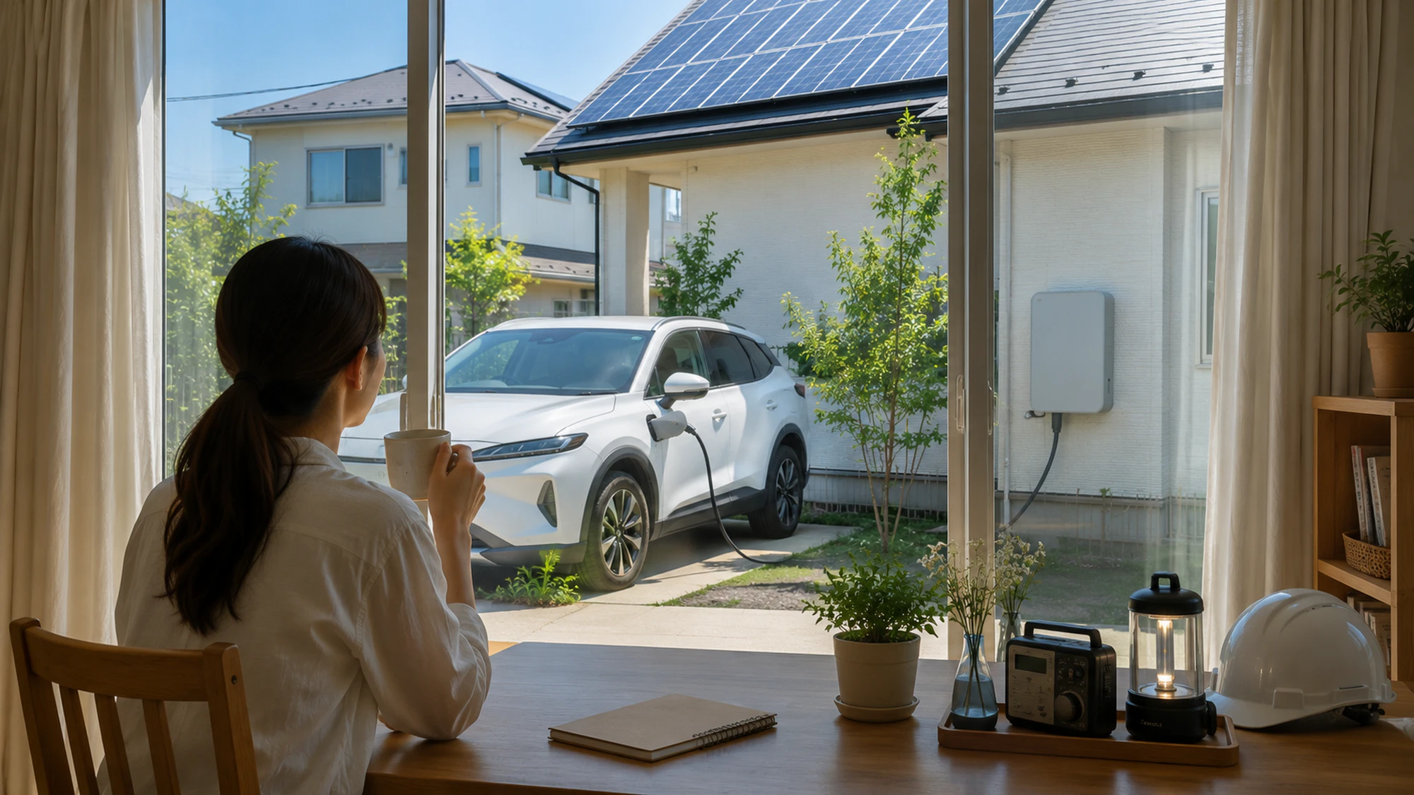 室内から見える太陽光住宅とEVとV2Hの導入前風景