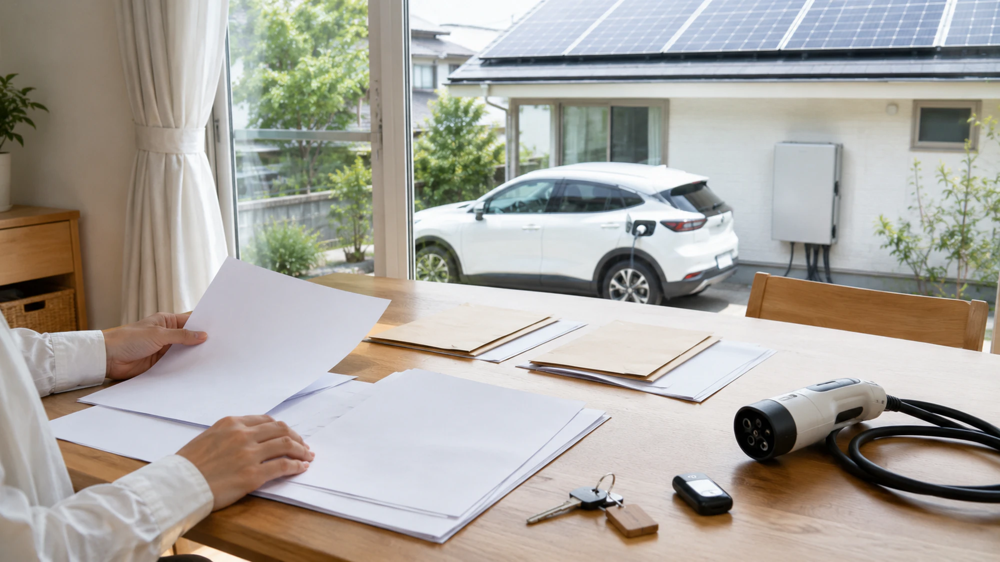 太陽光・EV・V2Hの導入費用を自宅の書類で整理する様子