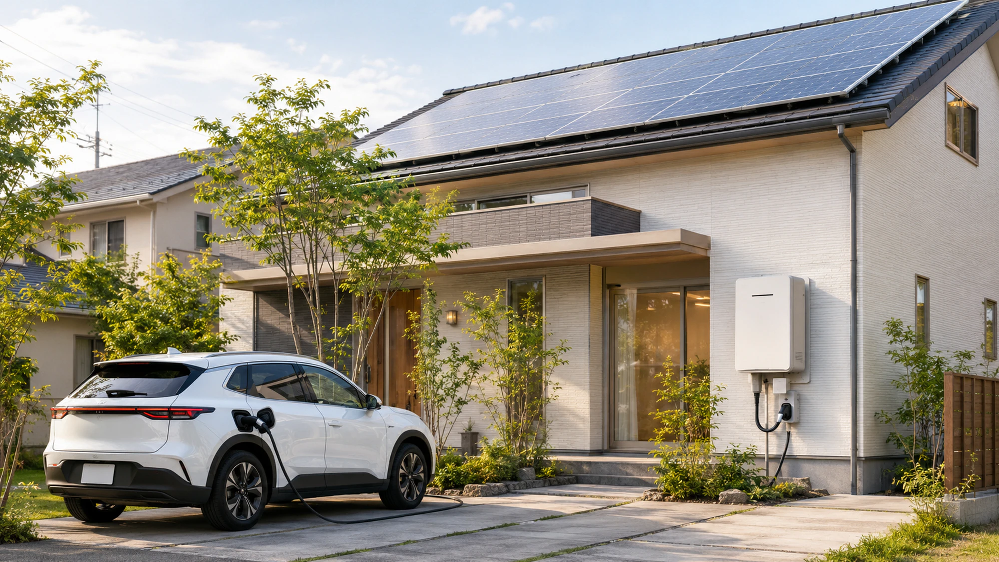 太陽光パネルと壁掛け型V2H機器が設置された戸建て住宅と白い電動SUV