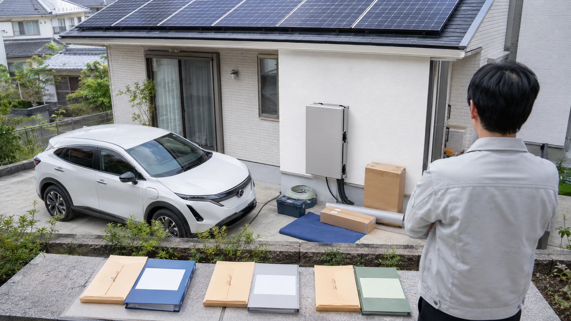 太陽光付き戸建てでEV購入とV2H設置工事の初期費用を整理する様子