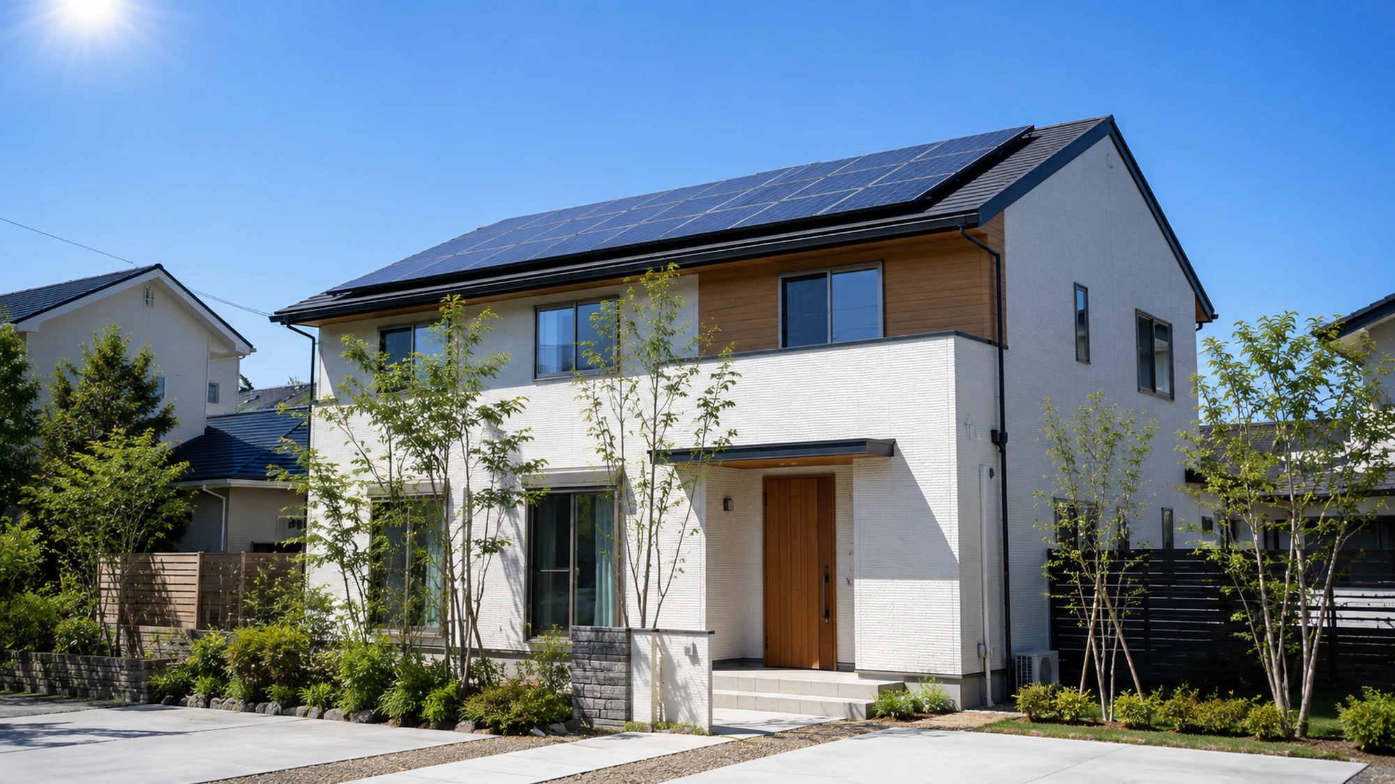 太陽光パネルが設置された日本の戸建て住宅の外観