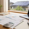 EVとV2H導入前の電気代明細と太陽光発電量データを確認している机