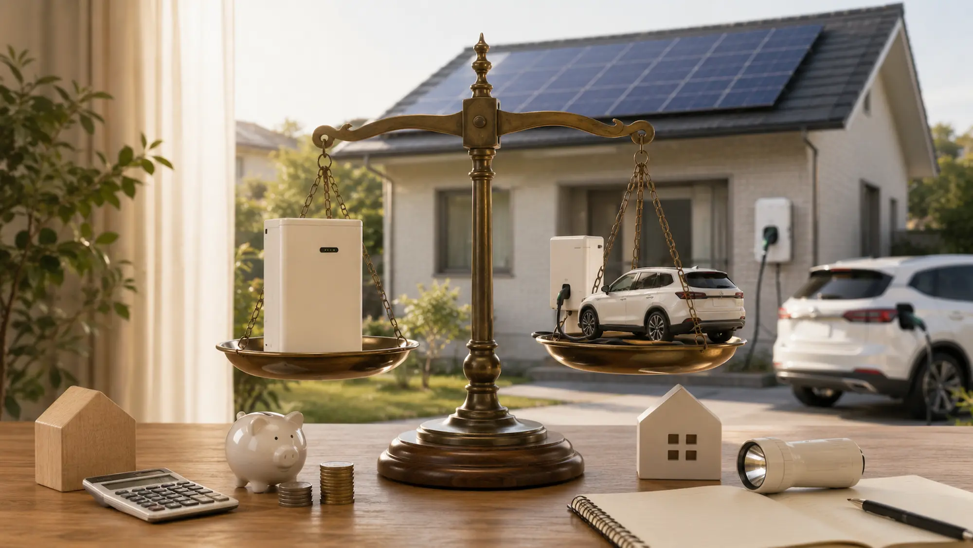 家庭用蓄電池とEV・V2Hを天秤にかけて比較しているイメージ