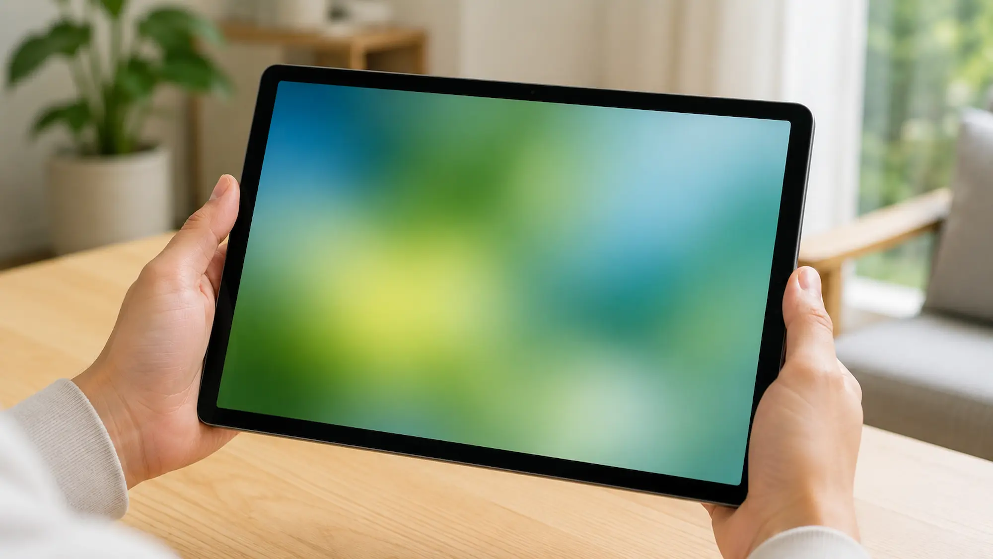 タブレットを持つ人の手元