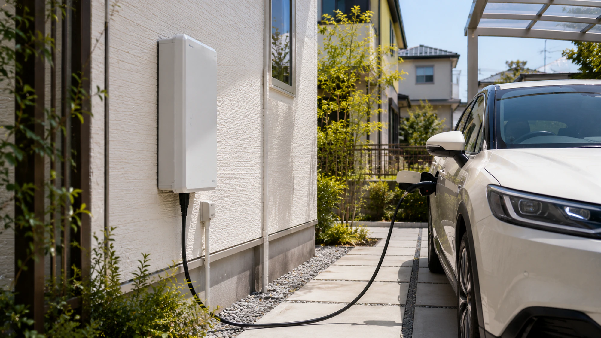 薄型V2H機器と電動SUVが戸建て外壁でつながる様子