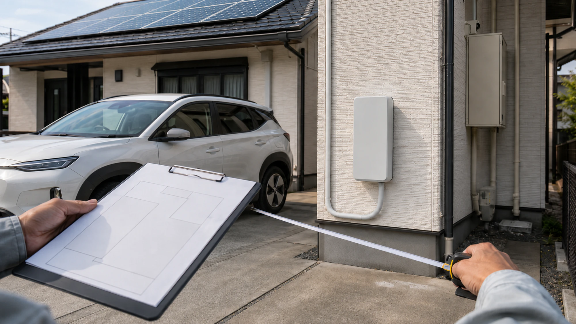 太陽光発電のある戸建てでV2H機器の設置場所を確認している様子