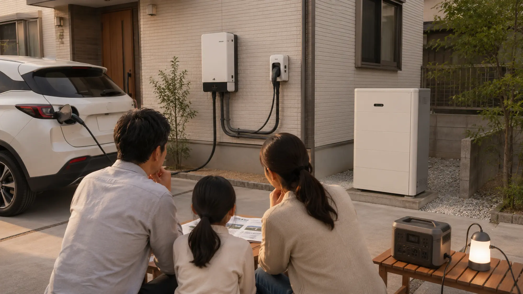 V2HとEV充電器と家庭用蓄電池とV2Lを住宅設備として比較している様子