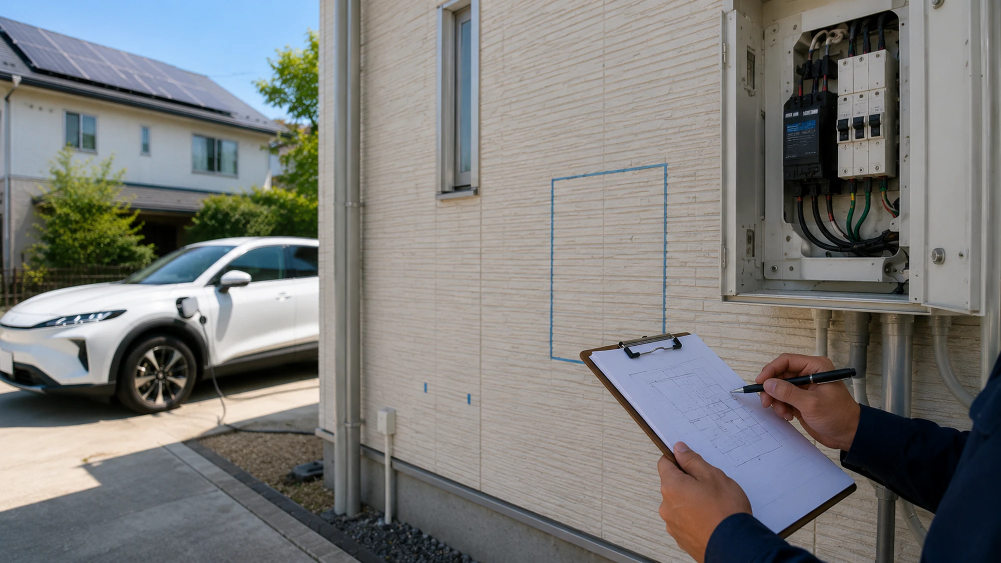 V2H工事前に外壁と分電盤を確認する手元
