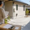 太陽光付き戸建ての空いた駐車場を確認しEV納車前の準備を進める様子