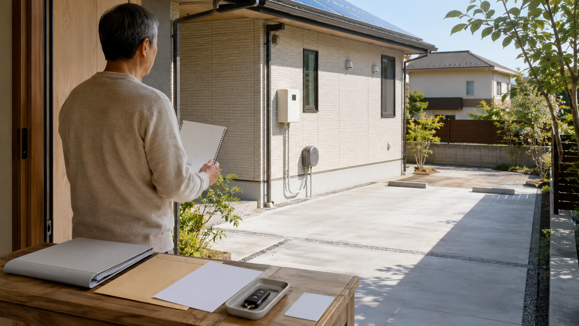 太陽光付き戸建ての空いた駐車場を確認しEV納車前の準備を進める様子