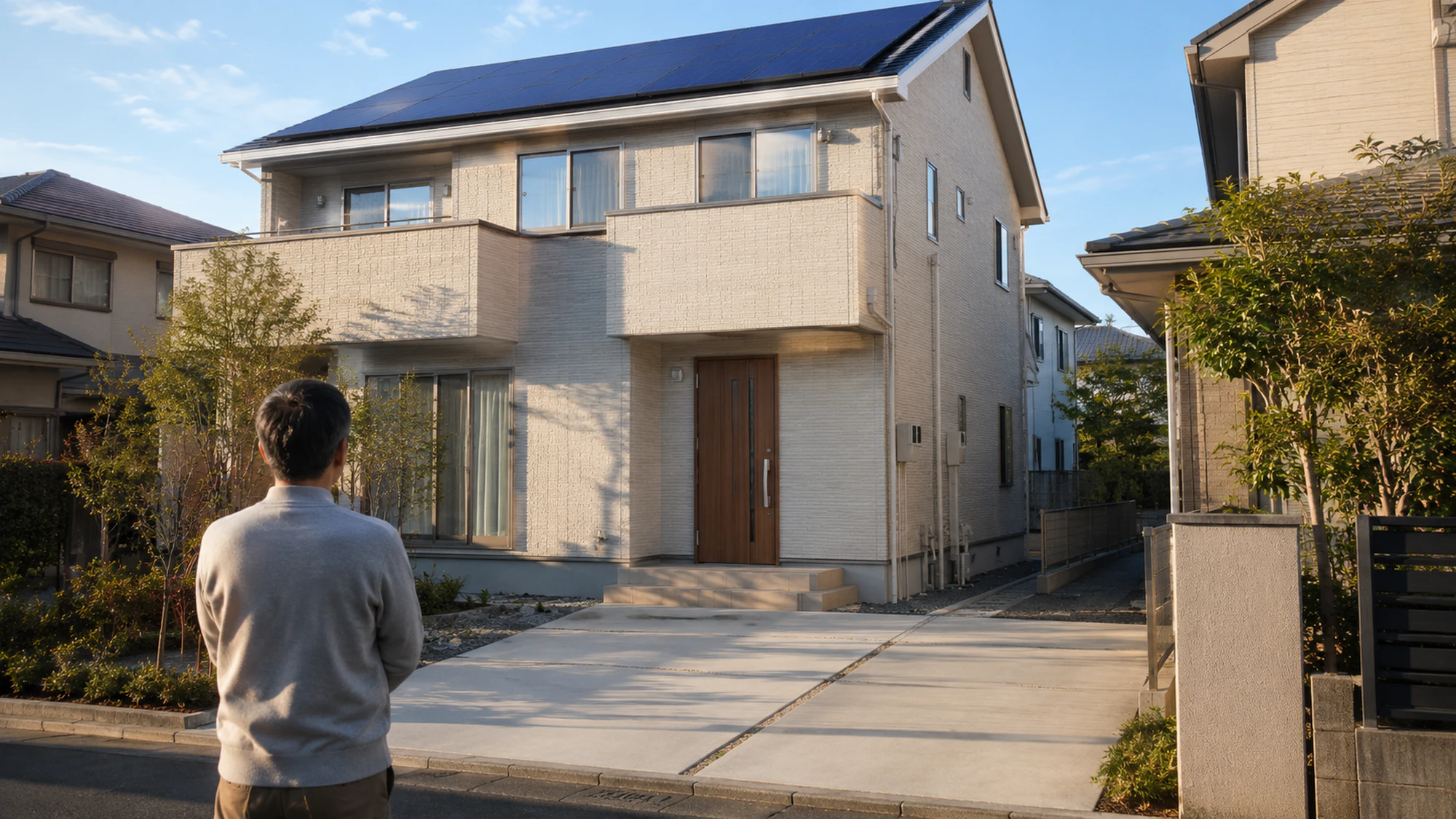 太陽光付き戸建てでEV・V2H導入前の空いた駐車場を見渡す住宅所有者