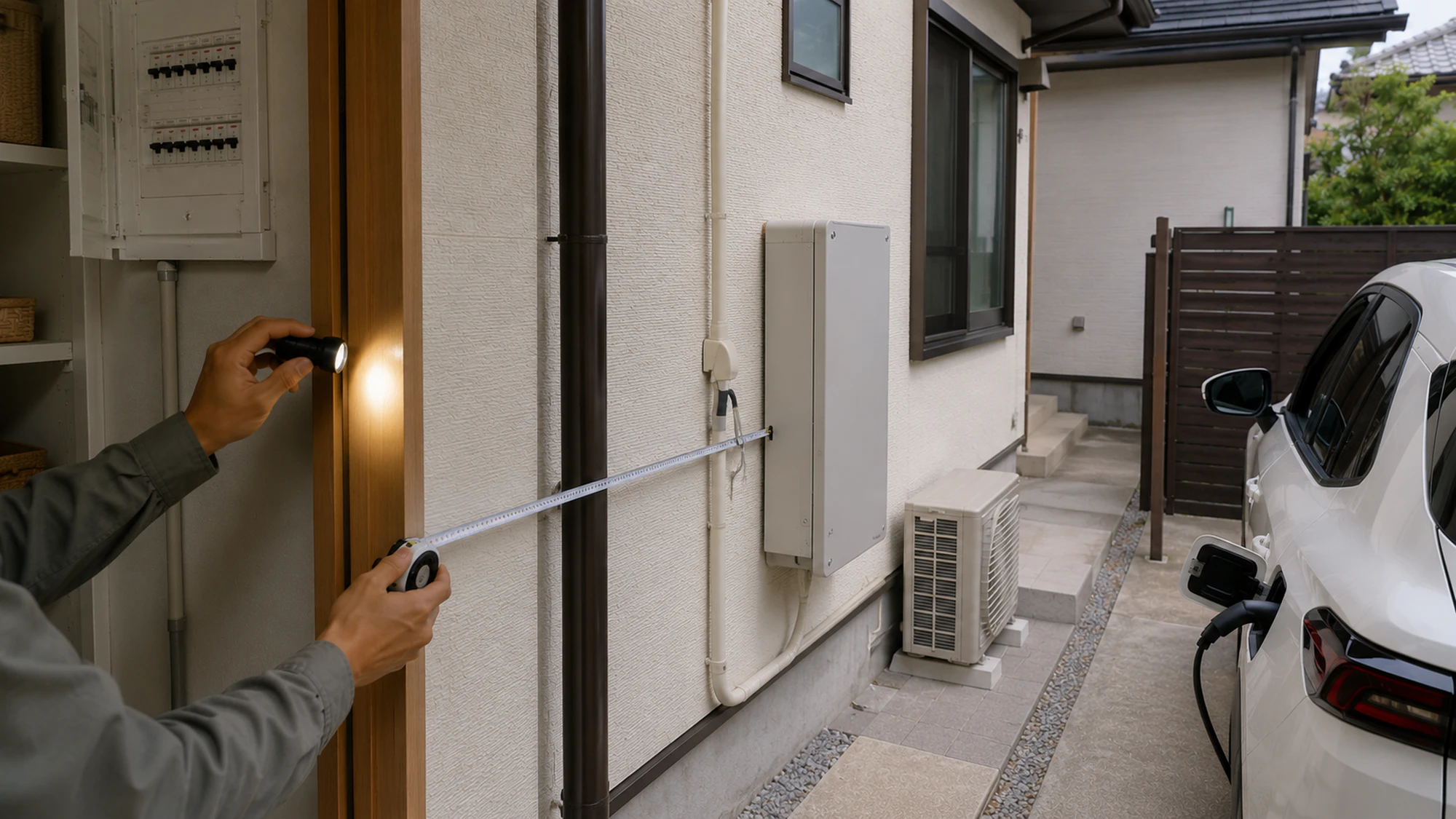 分電盤から屋外パワーユニットまでの配線経路を測る様子