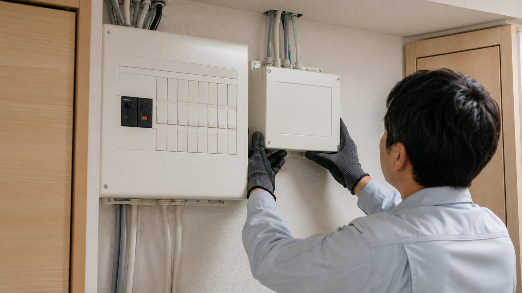 既存分電盤の隣に追加設置を予定するV2H用分電盤