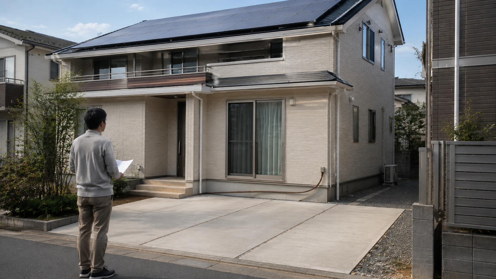 太陽光発電のある戸建てでV2H設置場所と駐車スペースを確認する工事前の様子
