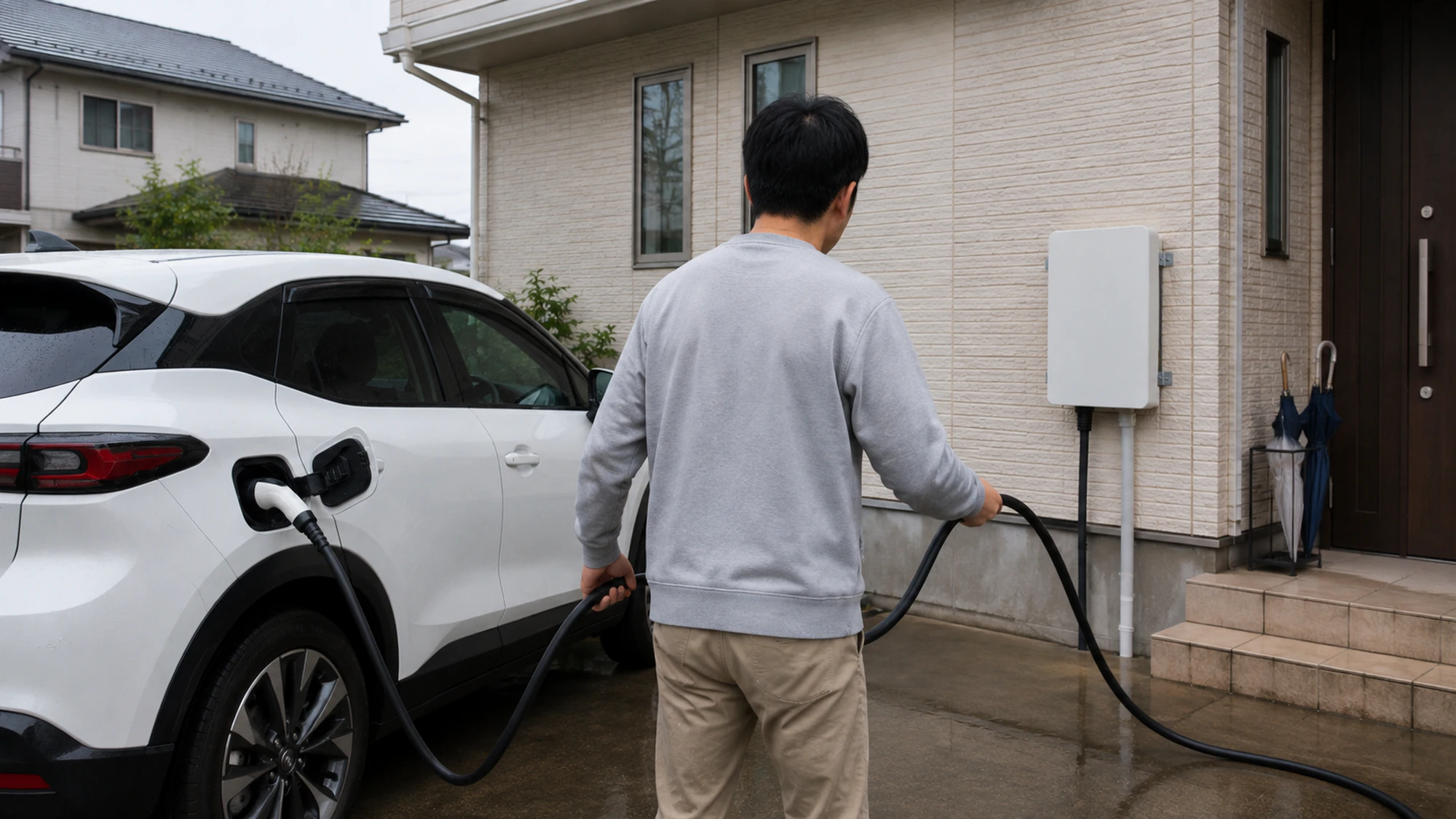 雨上がりの自宅駐車場でEVとV2Hのケーブルを扱い日常の使い勝手を確認する様子