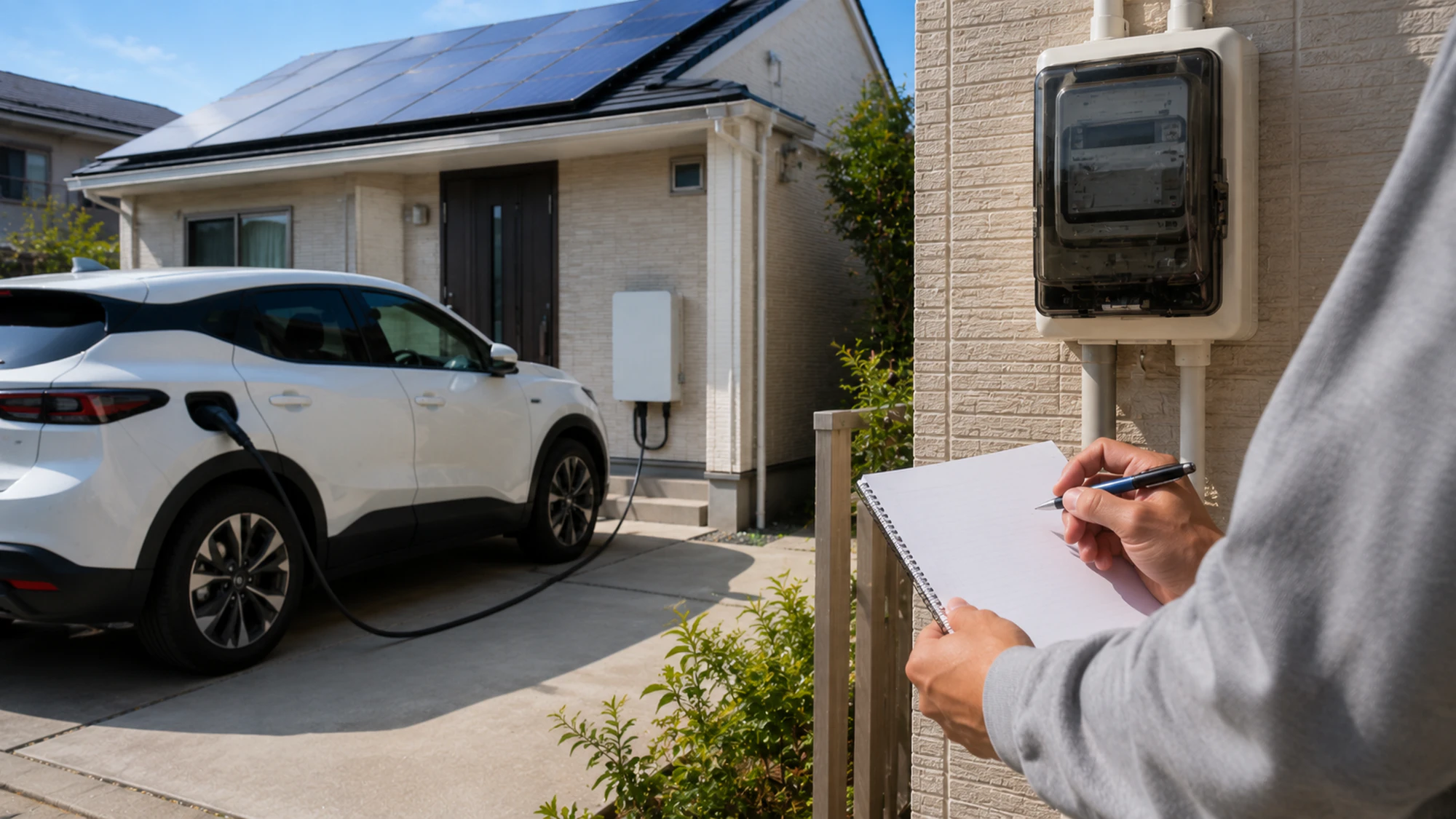 EVとV2H導入後に太陽光住宅の電力使用状況を継続して記録する様子