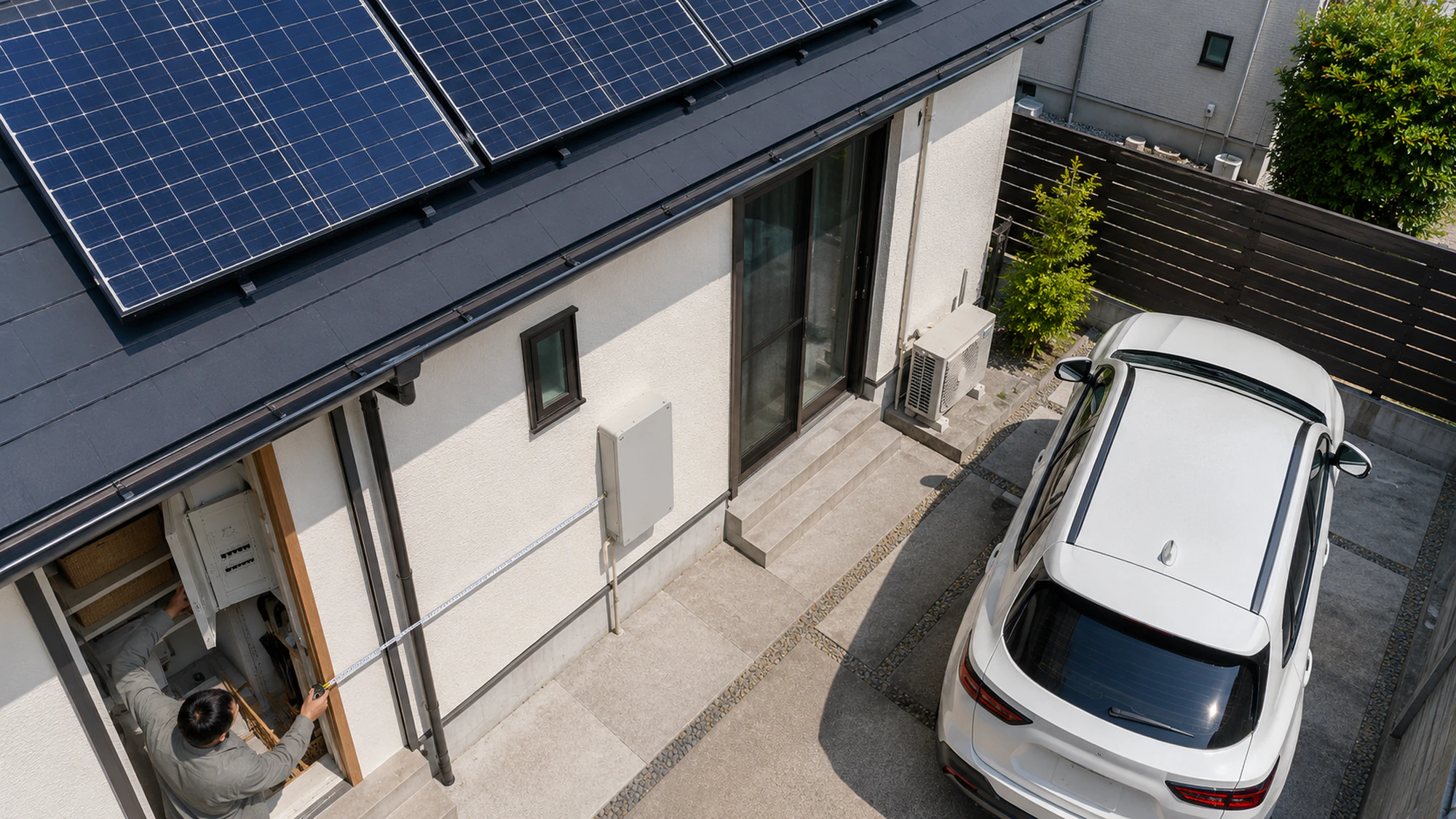 分電盤から駐車場までV2H設置条件を確認する戸建て