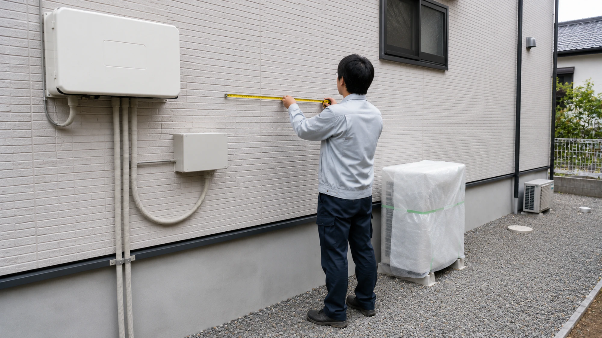 北向き外壁の既存パワコン付近に設置予定のV2H機器