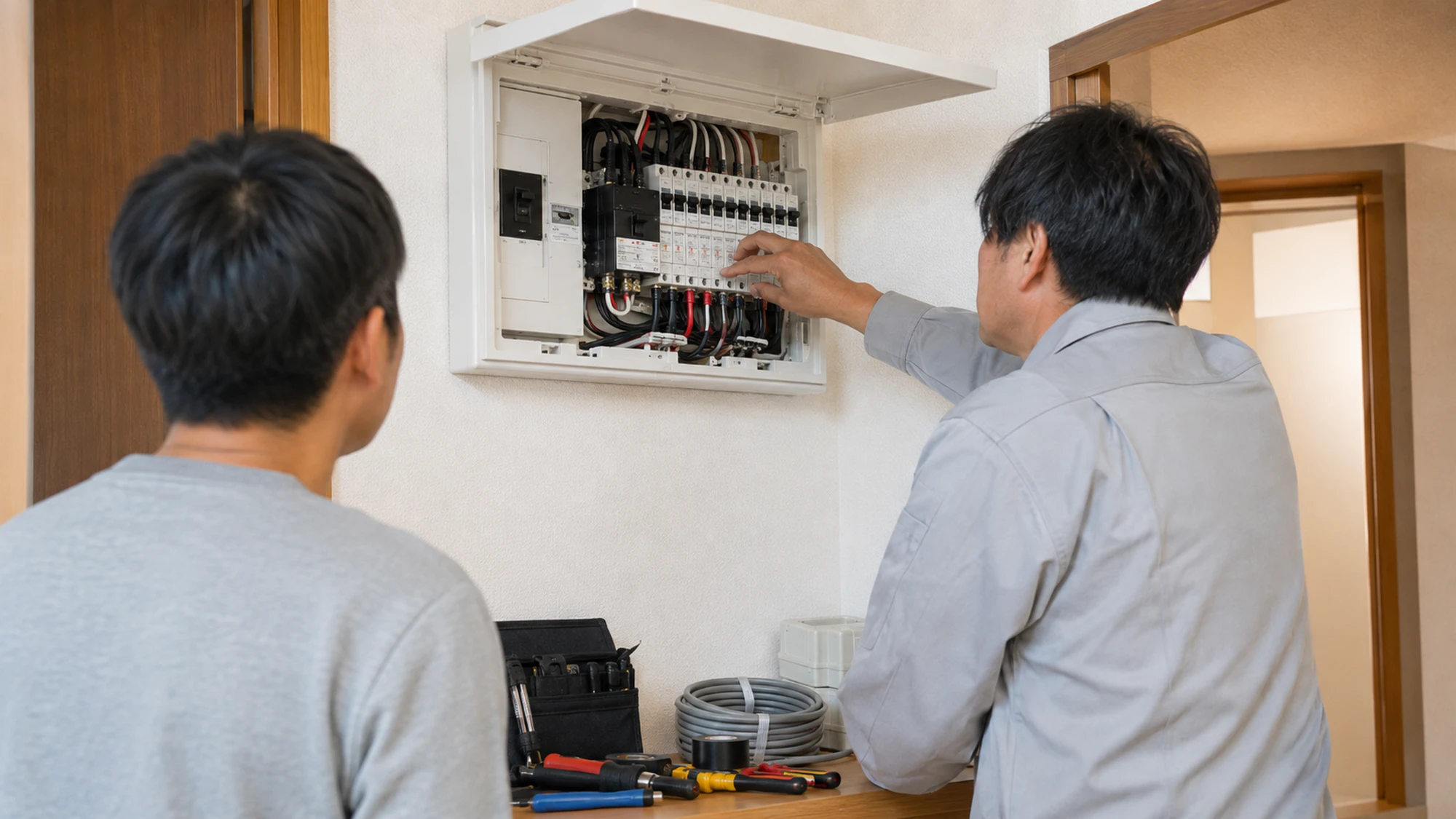 V2H設置工事前後に家庭用分電盤と配線状態を施工担当者と確認する様子