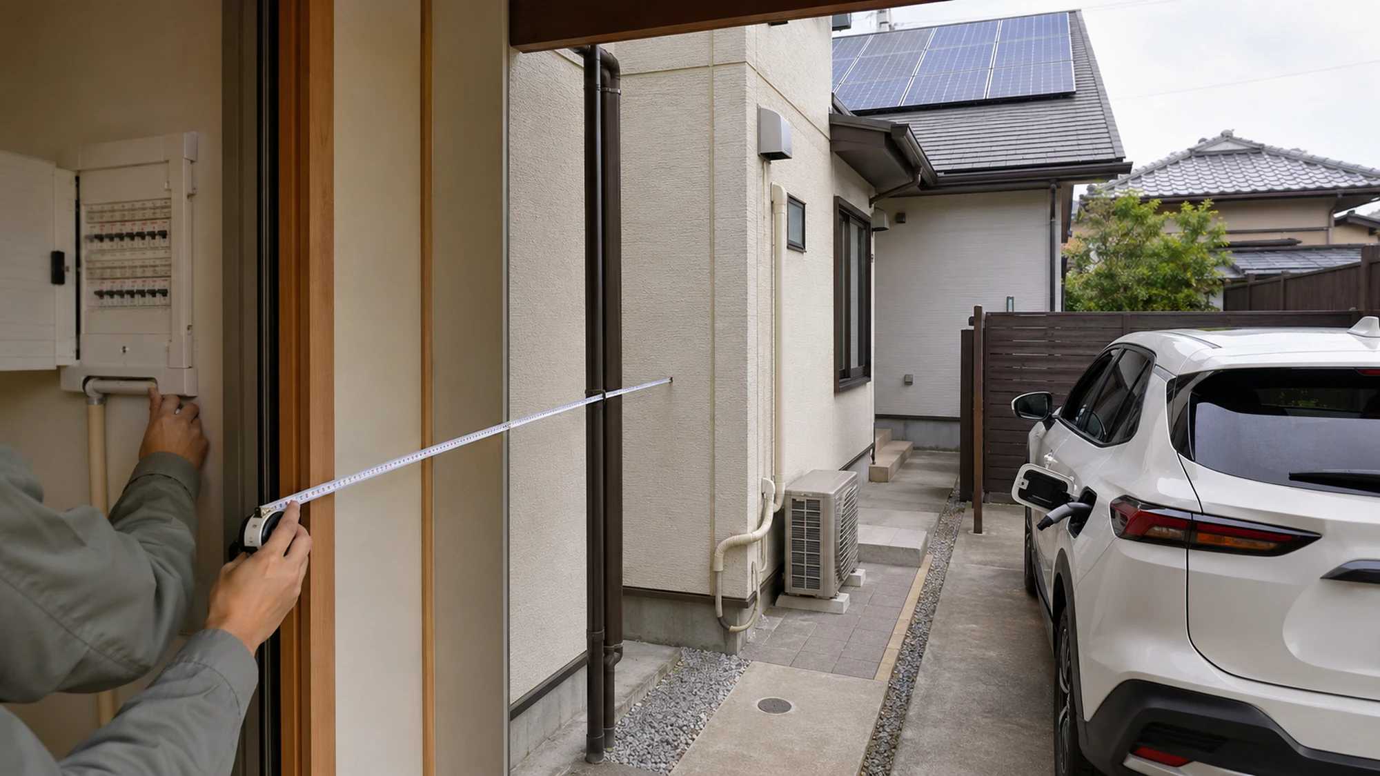 太陽光付き戸建てでV2H工事前の配線ルートと駐車位置を実測する様子