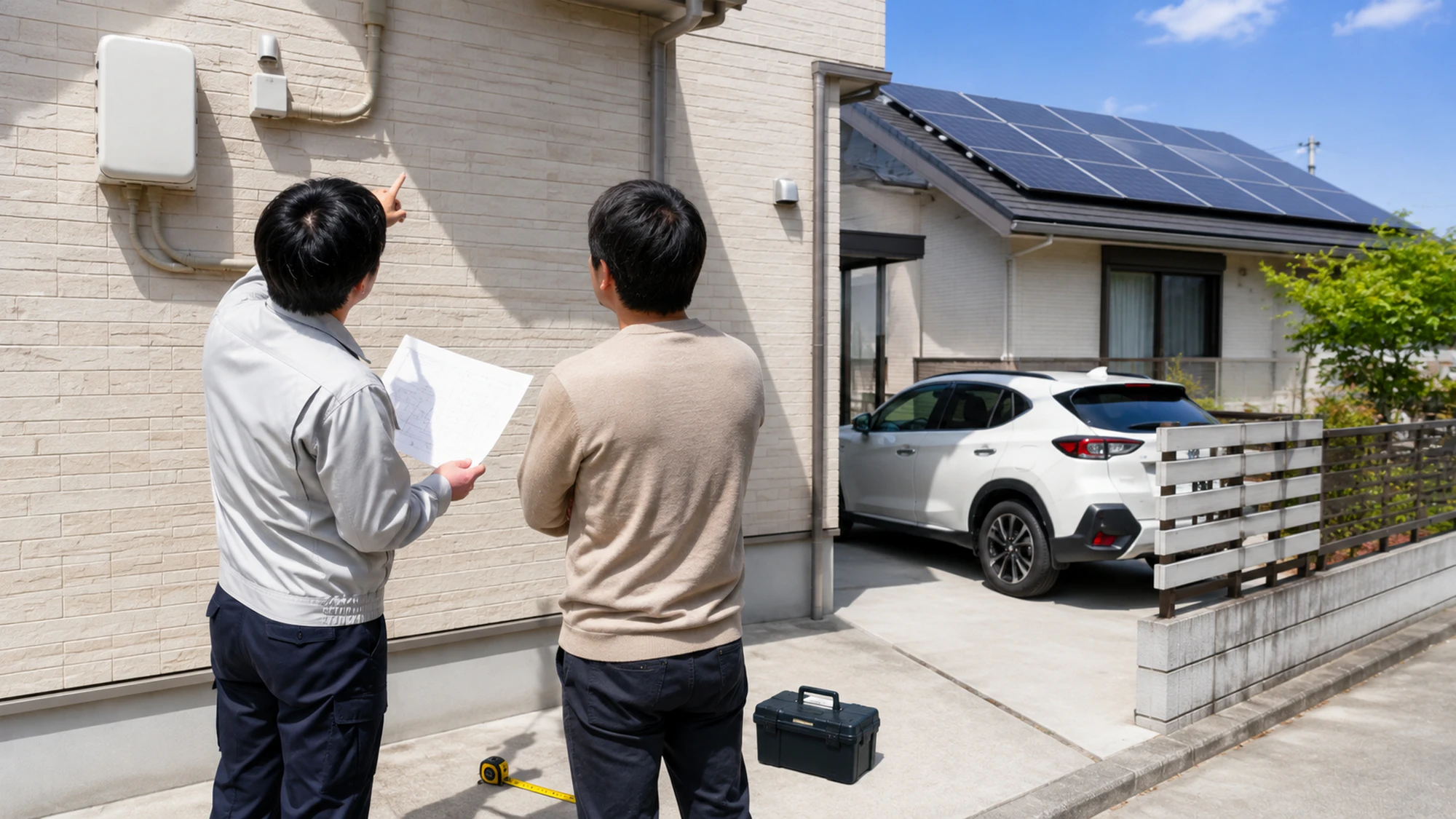 太陽光付き戸建てでV2Hの設置場所と配線を確認する現地調査