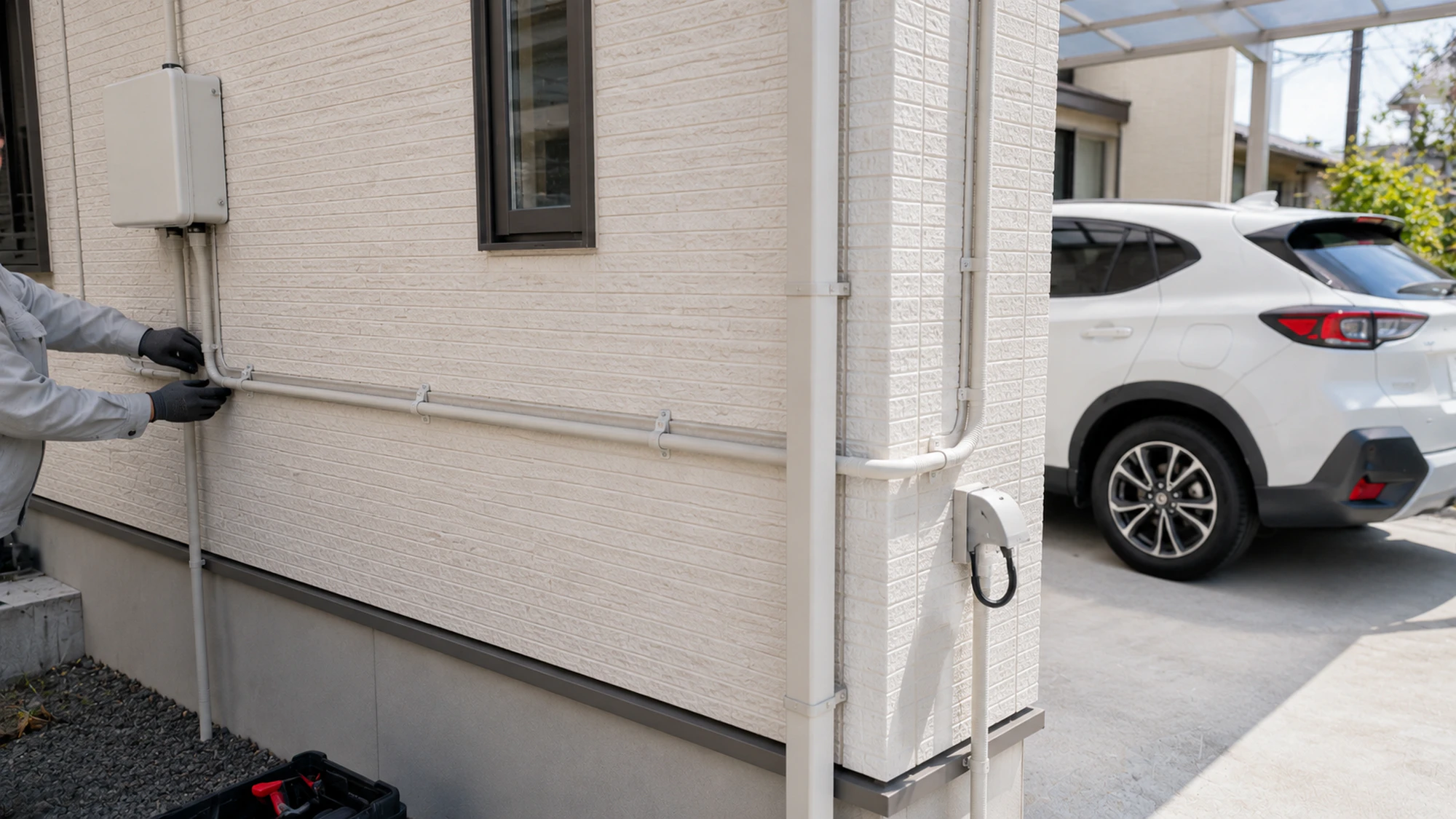 戸建て外壁に沿って駐車場まで伸びるV2H配線ルート